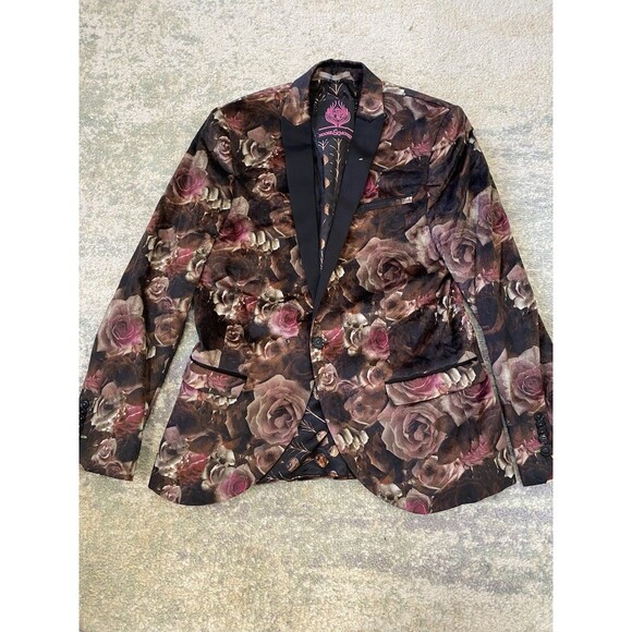 NOOSE & MONKEY Men's 42R VELOUR ROSE EMBROIDERED JACKET BLAZER BLACK
